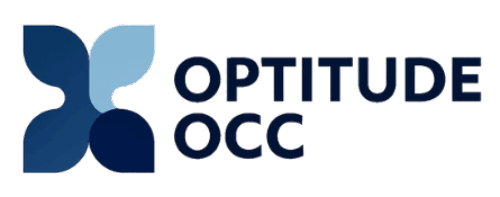 Optitude OCC company logo featuring a four-petal abstract design in shades of blue with the brand name in bold lettering.
